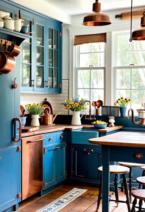 This USA vintage kitchen in soft country blue with copper highlights combines rustic elegance with functionality. Sheer curtains and wildflowers add a touch of natural beauty, while copper accents enhance the vintage feel. #CountryKitchen #VintageBlue #CopperAccents #CharmingDecor #RusticElegance Copper And Brass Kitchen, Blue Copper Kitchen, Americana Kitchen, Kitchen Styling Modern, Kitchen Decor Signs, Rustic Americana, Copper Highlights, Small Kitchen Island, Inside Decor