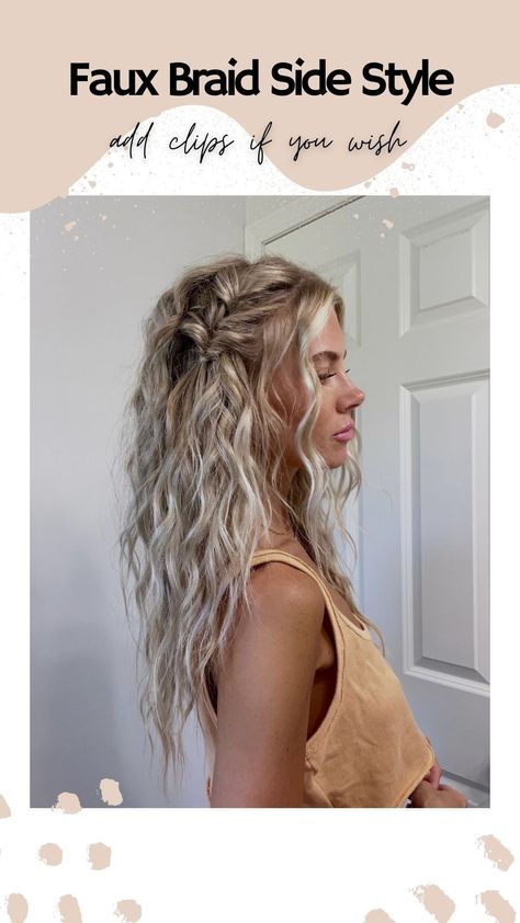 Hair Braided On One Side, Braid On One Side Hair Down, One Side Hair Braid, Wavy Hair With Side Braid, Small Braids Long Hair, Braid In Curled Hair, Hair Down With Mini Braids, Curled Hair With Tiny Braids, Mermaid Side Braid