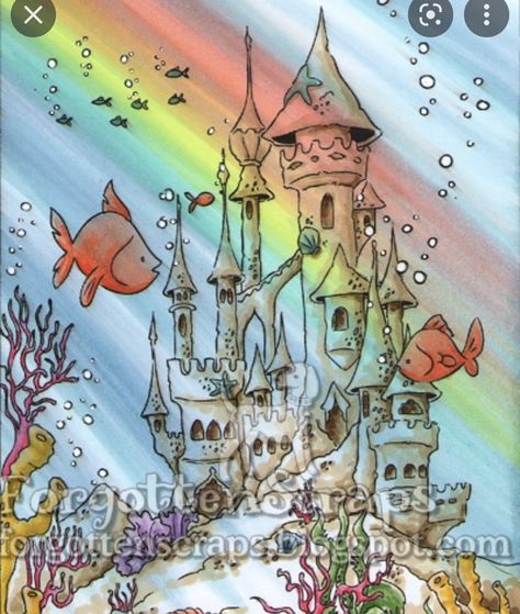 Castle Art Projects, Underwater Castle, Underwater Drawing, Mermaid Background, Castle Tattoo, Underwater House, Sea Drawing, Castle Drawing, Underwater City