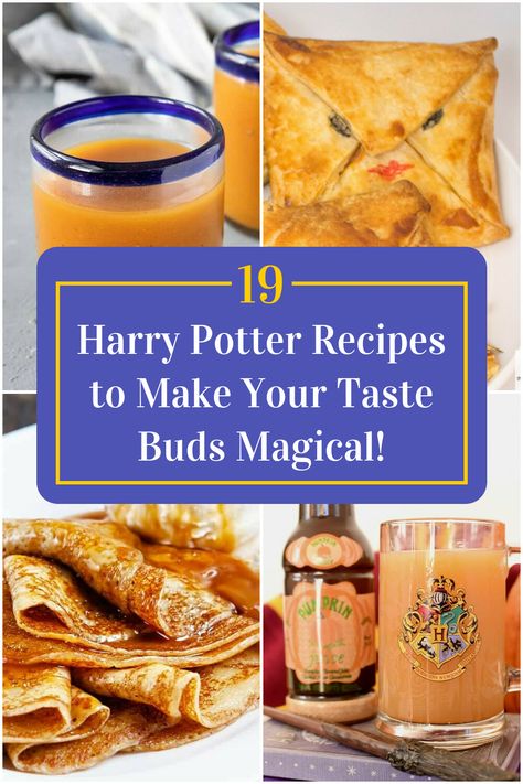 Collage of 4 harry potter recipes. Harry Potter Dishes Recipes, Harry Potter Howler Pastry, Harry Potter Themed Breakfast, Harry Potter Pancakes, Harry Potter Meals, Harry Potter Hot Chocolate, Harry Potter Food Recipes, Harry Potter Dishes, Hogwarts Food