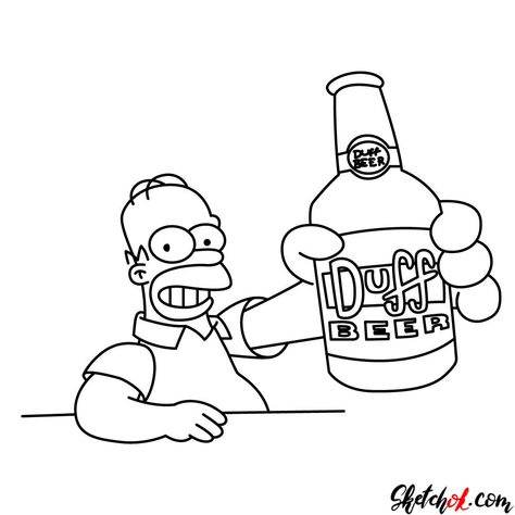 How to draw Homer with a Duff beer bottle - Step by step drawing tutorials Beer Bottle Drawing, Homer Simpson Donut, Beer Doodle, Homer Simpson Beer, Beer Drawing, Beer Tattoos, Duff Beer, Simpsons Drawings, Small Doodle