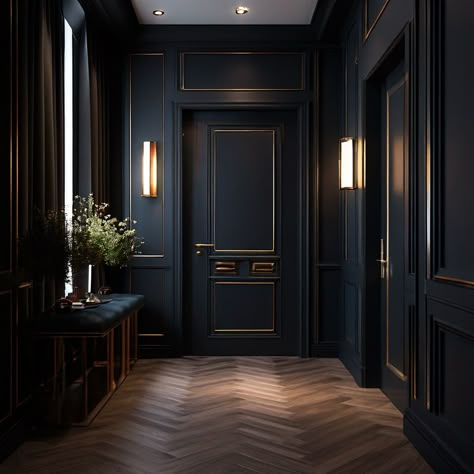 Cozy hallway in dark colors with solid door without extra space Moody Hotel Lobby, Hallway Ideas Dark, Dark Moody Home, Cozy Hallway, Luxurious Hallway, The Hawthorne House, Loft Decorating, Regency Interior, Black Hallway