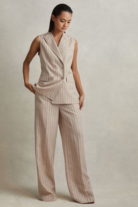 Reiss - Neutral Wool Blend Striped Double Breasted Waistcoat, 14 Waistcoat And Pants Outfit, Manhattan Summer, Linen Suits Women, Waistcoat Outfit, Women Waistcoat, Linen Pants Suit, Pant Suits For Women, Double Breasted Vest, Striped Suit