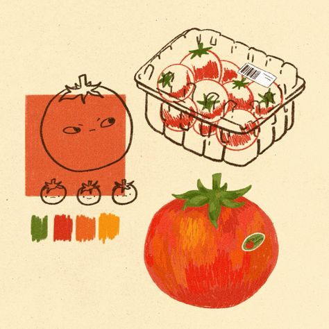 Pencil Cute Drawings, Procreate Cute Illustration, Vintage Tomato Illustration, Dumpling Sketch, Shopping Illustration Art, Digital Drawings Aesthetic, Drawing Ideas Digital Art, Ipad Drawing Ideas Sketch, Tomatoes Illustration