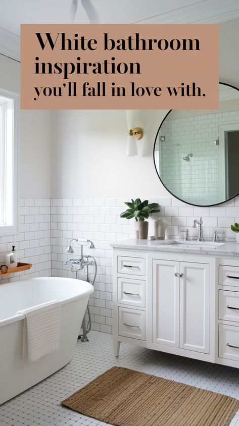 Transform your space with these white bathroom ideas! From open shelving and recessed storage to bold floor tiles and subtle pops of color, these tips will help you design a serene and stylish bathroom Bathroom White Tile Ideas, White Bathroom With Silver Fixtures, Small Bathroom White Subway Tile, Carrara Marble Bathroom Vanity, White And Bronze Bathroom, White Cabinet Bathroom Ideas, White Bathroom Luxury, White Master Bath Ideas, White Herringbone Tile Bathroom