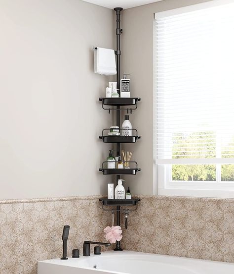 Tension Rod Shower Caddy, Corner Shower Organizer, Tension Rod Shower Storage, Corner Shower Storage, Shower Tension Rod Ideas, Best Shower Caddy, Bathroom Shower Caddy Ideas, Small Shower Storage, Shampoo Holder In Shower Ideas