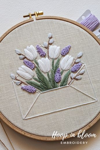 Hello Spring embroidery PDF pattern. #handembroidery #tulipembroidery #willowembroidery #envelopeembroidery Hand Embroidered Tulips, Tulip Hand Embroidery, Tulip Embroidery Tutorials, Embroidery Tulip Flower, Embroidery Inspiration Flowers, Tulip Embroidery Pattern, Tulip Embroidery Design, Embroidery Flower Tutorial, Embroidery Stitches Design