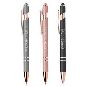 Ellipse Softy Rose Gold Metallic Pen w/ Stylus - Laser Old School Writing, Book Journal Pages, Pen Highlighter, Trade Show Giveaways, Swag Ideas, Promotional Pens, Building Tools, Stylus Pens, Promotional Products Marketing