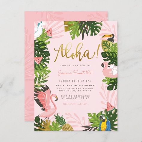 Aloha! Tropical Sweet 16 Flamingo Birthday Party Invitation Postcard #Ad , #AFFILIATE, #Flamingo#Party#Birthday#Aloha Tropical Sweet 16, Flamingo Birthday Party Invitations, Hawaii Birthday Party, Summer Birthday Party Invitations, Tropical Birthday Invitations, Tropical Birthday Party, Summer Party Invitations, Flamingo Birthday Party, Hawaiian Birthday Party