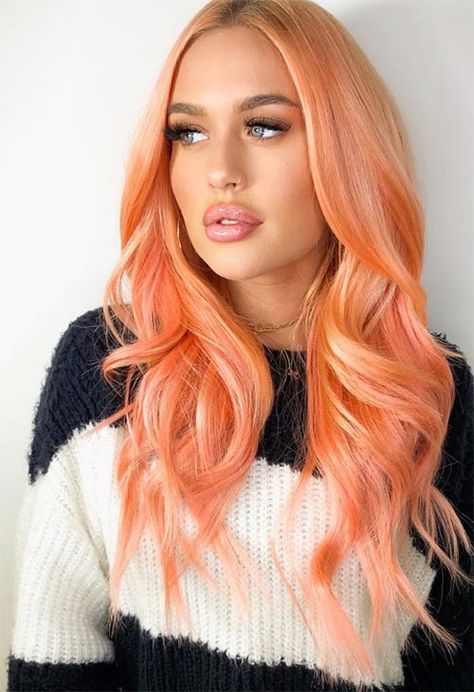 67 Pretty Peach Hair Color Ideas: How To Dye Your Hair Peach - Glowsly Bright Peach Hair, Sherbet Hair Color, Dark Peach Hair, Peach Colored Hair, Grunge Blonde, Peach Hair Dye, Blonde Grunge, Aesthetic Balayage, Streaks Hair