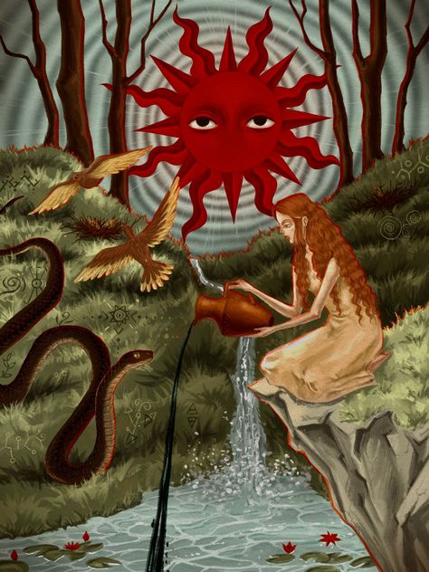 Woman With Snake Art, Animism Art, French Folklore, Fairytail Illustration, Folklore Artwork, Folktale Art, Cliff Illustration, Folklore Painting, Solarpunk Art