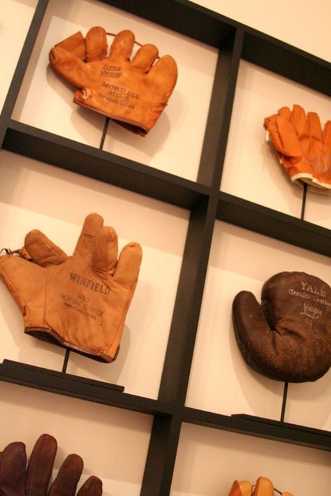 Baseball Office, Vintage Baseball Gloves, Baseball Bedroom, Baseball Ideas, Baseball Room, Baseball Gloves, Baseball Decor, Man Cave Basement, Sports Decor