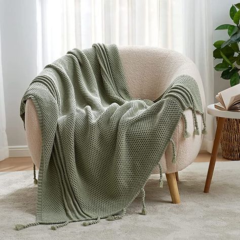 Cozy Bliss Honeycomb Knit Throw Blanket with Hand-Made Tassel Soft Cozy Acrylic Knitted Throw Decorative Woven Blanket for Couch, Bed,Sofa, 50x60 inches, Sage Green Hand Knitted Throws, Cable Knit Throw Blanket, Chunky Knit Throw Blanket, Sage Green Bedroom, Green Throw Blanket, Green Blanket, Green Couch, Chunky Knit Throw, Green Throw