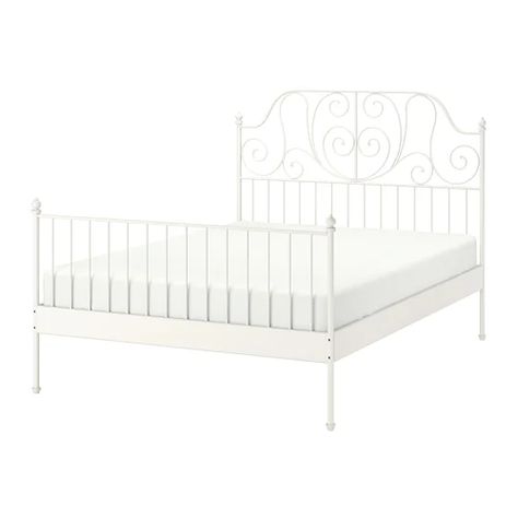 Ikea Queen Bed Frame, Ikea Leirvik, Leirvik Bed, Double King Size Bed, Shabby Bedroom, Steel Bed, White Headboard, Queen Bed Frame, Cozy Room Decor