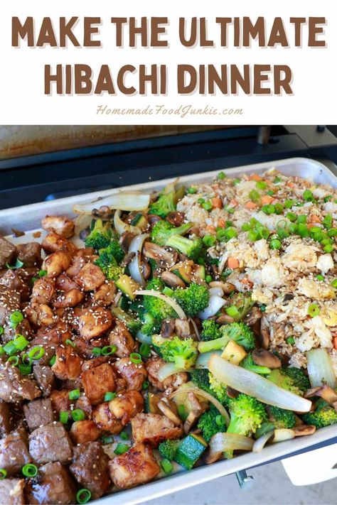 Make The Ultimate Hibachi Dinner Hibachi Chicken Fried Rice On Blackstone Griddle, Steak Habatchi Blackstone, Hibachi Fried Rice On Blackstone, Blackstone Chicken Fried Rice, Hibachi Chicken On Blackstone Griddle, Black Stone Hibachi, Hibachi Recipes Steak, Hibachi Recipes Blackstone, Beef Hibachi Recipe