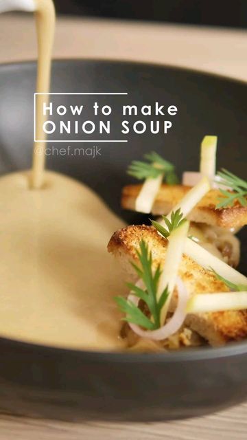 Michal | Fine Dining Cooking Mentor on Instagram: "We all know classic French onion soup so is time to try something new. Creamy onion soup with cider, apples, pickled shallots, and cheese croutons 🤤 #soupplating #souprecipe #soup #onionsoup #cookingcoach #cookingtutorial #cookingtips #cookingideas #cookingmentor #cookingclass #cookinglover #cookingschool #learntocook #howtocook #homecooking #foodplating #foodporn #foodart #cheflife #chefskills #finedininglovers #finediningplating #finediningre Consomme Soup Recipe, Fine Dining Soup Recipes, Gourmet Soup Presentation, Soup Course Fine Dining, Fine Dining Soup, Soup Fine Dining, Creamy Onion Soup, French Onion Soup Nyt, French Cuisine Recipes