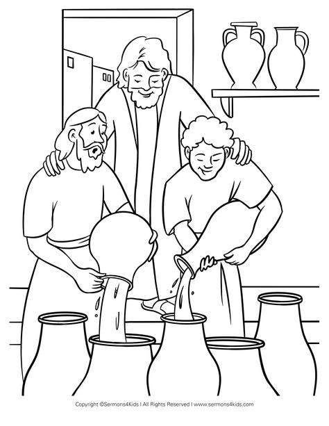 Jesus Turns Water Into Wine Coloring Page | Sermons4Kid... Jesus Coloring Pages, Sunday School Coloring Pages, Childrens Sermons, Bible Activities For Kids, Sunday School Kids, Preschool Bible, School Coloring Pages, Christian Crafts, Bible Coloring Pages