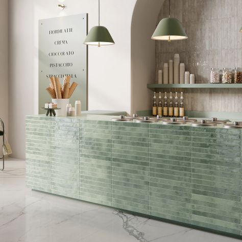 Bedrosians Tile, Green Cafe, Café Design, Gray Porcelain Tile, Calacatta Gold, Grey Tiles, Cafe Interior Design, Green Tile, Glass Mosaic Tiles