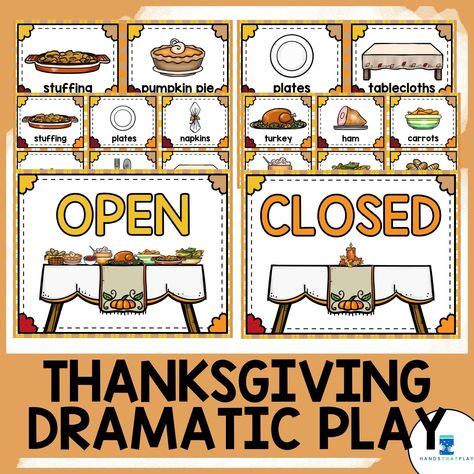 Spruce up your dramatic play center for November by adding a Thanksgiving dinner to your classroom, homeschool, or just for fun! We have included two ways to play: set up a table family style as you would at home or as a restaurant serving a delicious Thanksgiving feast. Your children are sure to have fun pretending to set the table, preparing traditional Thanksgiving food, serving a feast, being thankful, and much more! This Resource Includes: How to Set Up and Use Directions Printable Give Tha Thanksgiving Play Kitchen, Dramatic Play Thanksgiving Preschool, Thanksgiving Dinner Dramatic Play, November Dramatic Play Ideas, Thanksgiving Dramatic Play Preschool, November Dramatic Play, Thanksgiving Dramatic Play, Traditional Thanksgiving Food, November Preschool Themes