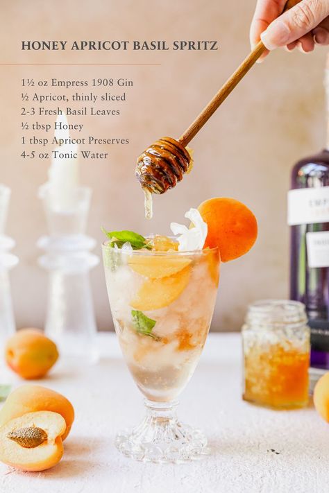 Spring And Summer Cocktails, Honey Drinks Alcohol, Apricot Cocktail Drink Recipes, Honey Mocktail Recipe, Herbal Cocktail Recipes, Honey Cocktail Recipes, Apricot Spritz, Cocktails With Honey, Grilled Cocktails