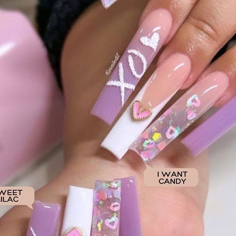 CHEYENNESNAILSLLC 💖 on Instagram: "Using sweet lilac & I want candy 💜💓 USE CODE "KATE10" TO SAVE! Repost from @ksnailedit xoxo💜💕 •sweet lilac •I want candy (glitter) •3xl square tips •pink heart charm @shopcheyennesnails - - - - - #pinknails#valentinesday#vdaynails#valentinesdaynails#nailart#acrylics#xoxo#valentinesinspo#valentinesnails#nailsoftheday#heartnails#nailinspo#nailsofinstagram#nailsofig#purplenails#559nails#fresnonails" Xoxo Nails, I Want Candy, Fire Nails, Pink Heart, Pink Nails, Heart Charm, I Want, Lilac, Nail Art