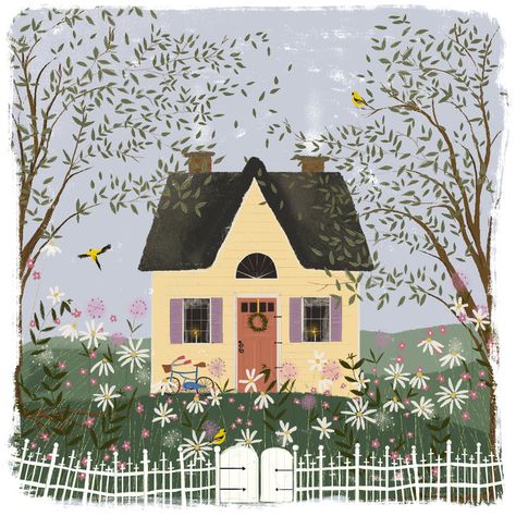 Shop — Joy Laforme Illustrated Buildings, Poetry Drawing, Joy Laforme, House Illustrations, Yellow Cottage, Yellow House, Yellow Houses, Cottage Art, House Illustration