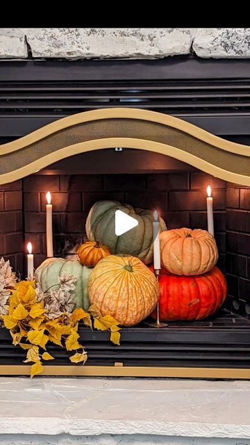 Tamara Salvetti on Instagram: "Too hot for a fire?  Then do this. . . You can even have pumpkins spilling out onto the hearth.  These pumpkins are real heritage pumpkins from Walmart , they usually stick these late August.  Such a pretty early Autumn view.  . .   #halloween  #earlyfall  #fall #fireplace  #falldecor  #fallstyle  #decoratingideas" Fall Fireplace, Fall Living Room, Fall Front Porch Decor, Fall Deco, Fall Front Porch, Up Costumes, Fall Front, Early Autumn, Halloween Make Up