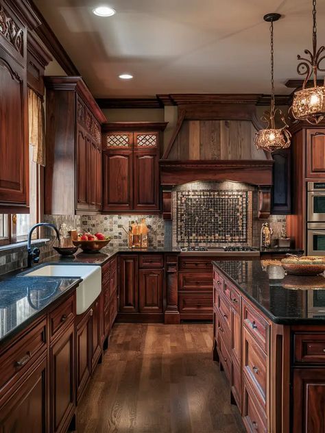 21 Dark Wood Kitchen Cabinets – Your Motor Geek Dark Wood Cupboards Kitchen, Brown Aesthetic Kitchen, Kitchens Dark Cabinets, Dark Cabinets Dark Floors, Cherrywood Cabinet Kitchen, Cherry Wood Cabinets Kitchen, Dark Wood Interior Design, Brown Kitchen Tiles, Mahogany Kitchen Cabinets