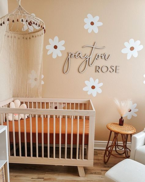 Ottoman (Source) Baby Room Ideas For Girls Themes, Boho Daisy Nursery, Daisy Themed Nursery, Daisy Nursery Theme, Nursery Themes Yellow, Wooden Nursery Name Sign, Daisy Decals, Daisy Nursery, Pink Baby Nursery