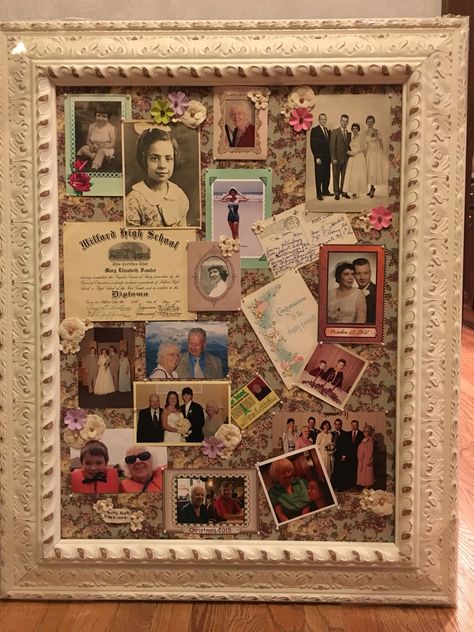 Memorial Board- I created this memorial board in honor of my mother-in-law for her funeral. Simply used s framed bulletin board and covered the cork with fabric. I used straight pins with a pearl head to hold the pictures and other objects in place.   I started with the earliest pictures and worked my way through the years as I progressed down the board. I added items such as her diploma, post cards and greeting cards that fit with the pictures. I added some flower embellishments that I secured Framed Bulletin Board, Memorial Board, Frosch Illustration, Memory Boards, Shadow Box Memory, Memory Collage, Memory Crafts, Memory Board, Flower Embellishments