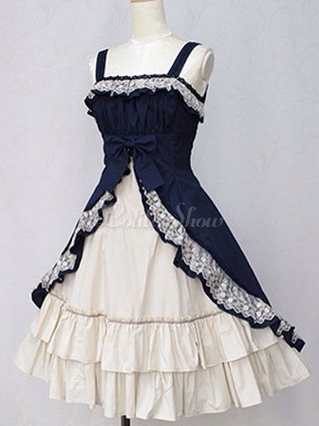 Lolitashow Classic Lolita Dress JSK Cotton Two Tone Ruffled Bow Lace Up Lolita Jumper Skirt - Lolitashow.com Fancy Prom Dresses, Classic Lolita, Masquerade Costumes, Rose Lace, Vestidos Vintage, Lolita Dress, Halloween Dress, Gothic Lolita, Lolita Fashion