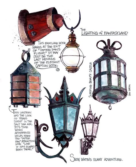 Sketches produced for a proposed book, illustrating the attention to detail found within the Disneyland California resort. The book was never produced. Fantasy Lantern Concept Art, Lamppost Sketch, Lantern Drawing Vintage, Vintage Lantern Illustration, Theme Park Design Concept Art, Disneyland Concept Art, Props Concept, Vintage Disneyland, Fantasy Props