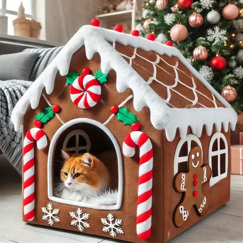 Gingerbread Cat House, Gingerbread Cat, Cat Furniture Accessories, Dog Station, Cat Room Decor, Cat Condos, Pet Decor, Gingerbread Village, Christmas Pet