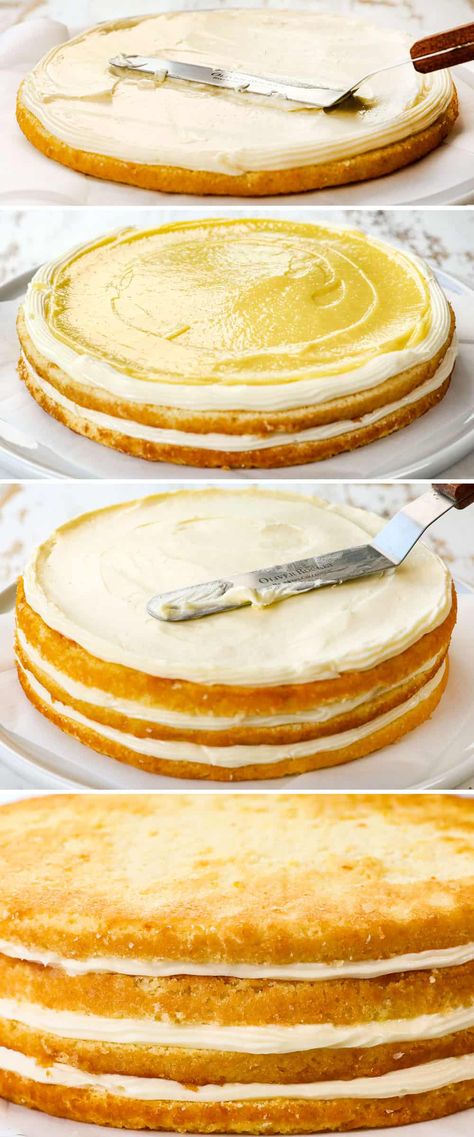 Lemon Cake with Lemon Curd and Lemon Cream Cheese Frosting! White Cake Lemon Filling, Lemon Curd Cake Filling, Lemon Filled Cake, Lemon Cake With Cream Cheese Frosting, Cream Cheese Layer Cake, Lemon Cake Frosting, Lemon Cake With Lemon Curd, Frosting Without Butter, Lemon Cake Filling