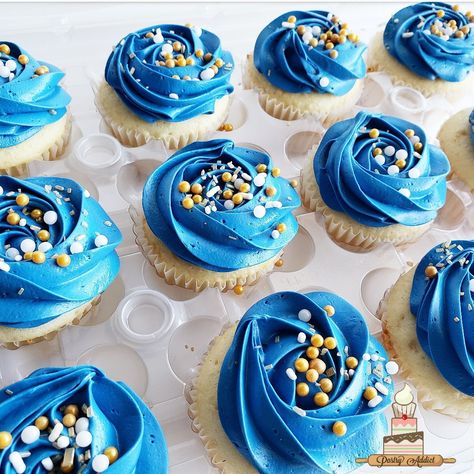 Blue and gold cupcakes. Call or email us to design your dream dessert today! #blueandgoldcupcake #blueandgoldcake #royalpartyideas #royalbabyshower #royalbirthdayparty #kidpartyideas #birthdaycake #goldsprinkles Blue And Gold Cupcakes Ideas, Blue White And Gold Cupcakes, Royal Blue And Gold Cupcakes, Sonic Birthday Cupcakes, Royal Blue Cupcakes, Blue And Gold Cupcakes, Cupcake Flower Bouquets, Atlanta Buckhead, Blue Graduation Party