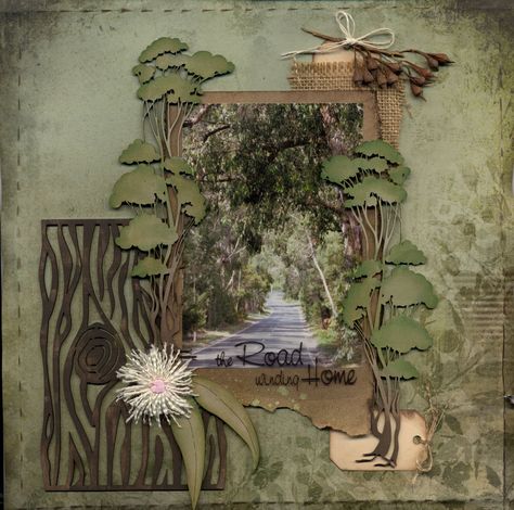 the Road winding Home - Scrapbook.com -- love the dimension on this page. I'm guessing the trees and wood are die cuts, but I can enjoy making custom work like this. Love the burlap too. Waterfall Scrapbook, Nature Scrapbook, Camping Scrapbook, File Decoration Ideas, Scrapbook Design Layout, Beautiful Scrapbook Layouts, Vacation Scrapbook, Collage Scrapbook, Family Scrapbook