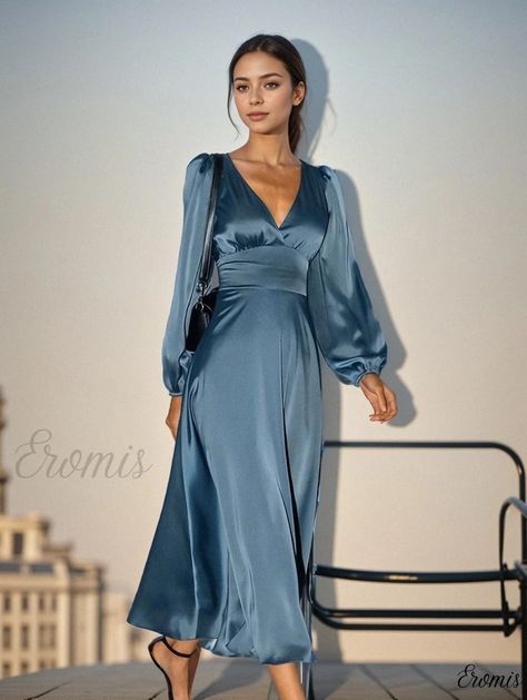 Eromis - Elegant Satin Lantern Sleeves A-Line Cocktail Dress with Cinched Waist Robes Glamour, Vintage Long Dress, A Line Cocktail Dress, Evening Gown Dresses, Lantern Sleeve Dress, Dress Women Elegant, Glamorous Dresses, Blue Midi Dress, Lantern Sleeve