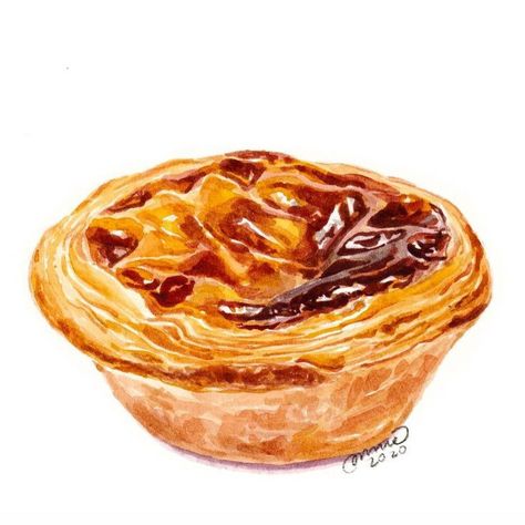 Portuguese Tarts, Portuguese Egg Tart, Portuguese Desserts, Butter Tarts, Food Sketch, Food Illustration Art, Watercolor Food, Cute Food Drawings, Egg Tart