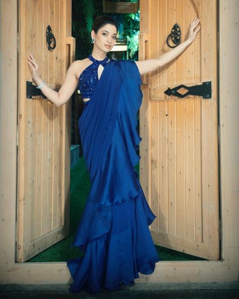 Gowns Blue, Saree Gowns, Halter Neck Blouses, Ruffle Sarees, Blue Organza, Ruffle Saree, Saree Gown, Saree Photoshoot, Beautiful Photoshoot