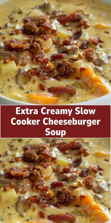 Warm up with a bowl of Extra Creamy Slow Cooker Cheeseburger Soup. This hearty soup combines the flavors of a classic cheeseburger with creamy, comforting soup. It's a perfect choice for a cozy, satisfying meal. Slow Cooker Cheeseburger Soup, Classic Cheeseburger, Cheese Burger Soup Recipes, Cheeseburger Soup, Crockpot Soup Recipes, Chicken Healthy, Hearty Soup, Comfort Soup, Soup Recipes Slow Cooker