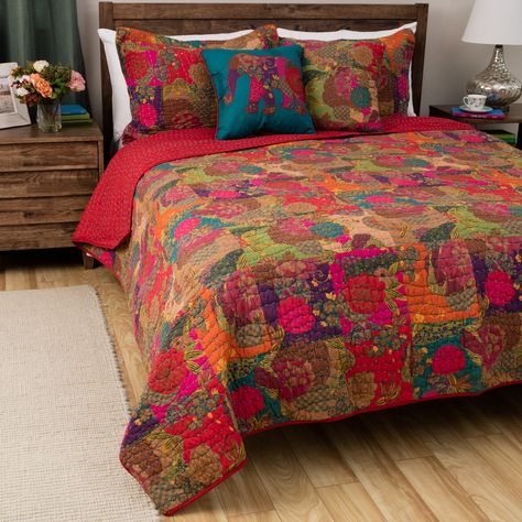 Greenland Home Fashions Jewel 3-piece Quilt Set (King), Red (Cotton, Floral) Work Bed, Bohemian Quilt, King Quilt Sets, Reversible Bedding, Moroccan Boho, Patterned Bedding, Queen Size Quilt, Deco Boheme, Bohol