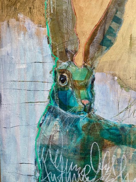 Happy Hare (sold) | 2023 Rebecca Haines, Rebecca Sower, Abstract Art Images, Art Alevel, Bunny Painting, Wildlife Artwork, Rabbit Painting, Collage Art Projects, Animal Portraits Art