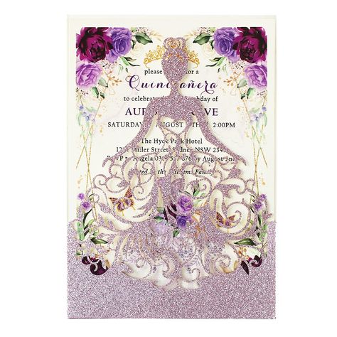 PRICES MAY VARY. Packaging includes: 50 laser cut purple invitations pockets, 50 Customized Pearlescent inner sheets, 50 envelopes, 50 seals. Invitations kit size: 5.12 x 7.28 inch purple glitter invitation pockets, 4.92 x 7.1 inch ivory pearlescent insert paper, 5.3x7.6 inch ivory envelopes. Invitation glitter pockets is 250g cardboard, the glitter does not fall off. Inner cards is 250g pearl ivory cards, The Pearl Paper is shiny and looks luxurious. How to customize printing: Please leave your Adobe Illustrator Templates, Purple Quinceanera Dresses, Purple Invitations, Sofia Party, Laser Cut Invitation, Glitter Invitations, Invitation Kits, Crown Design, Quinceanera Invitations