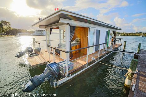 Life On The Water In A Tiny House Boat | Living Big In A Tiny House Tiny Houseboat Interiors, Diy House Boat, Houseboat Living Interiors, House Boat Living, Floating Boat House, House On Water Floating, Tiny House Boat, Floating Houses On Water, Floating Homes Houseboats