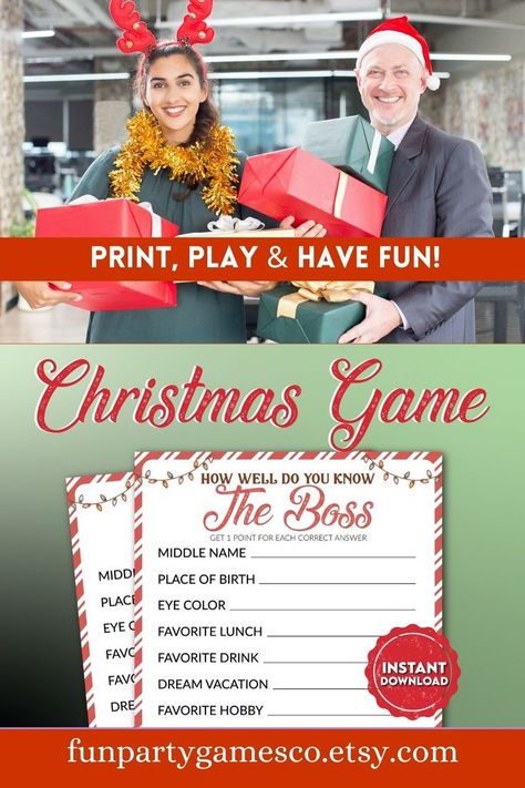 Uncover your boss's hidden talents and quirks with our entertaining Christmas 'Who Knows the Boss' game. It's a delightful way to foster camaraderie and spread holiday cheer in the workplace! Who Knows The Boss Best, Hidden Talents, Office Holiday Party, Christmas Party Games, Favorite Hobby, Office Parties, Office Party, Christmas Games, The Boss