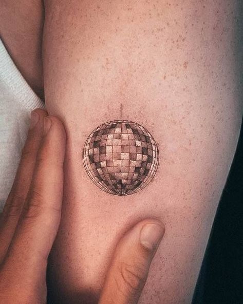 Disco Ball Tattoo Ideas, Dainty Disco Ball Tattoo, Disco Ball Tattoo Design, Retro Tattoos For Women, Small Disco Ball Tattoo, Disco Ball Tattoo Simple, Disco Tattoos, Groovy Tattoo Ideas, Edm Tattoo Ideas