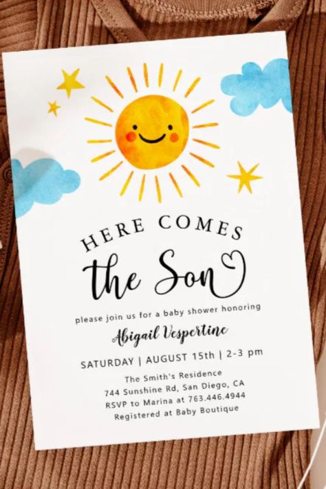 Sunshine Baby Shower Here Comes the Son Invitation
Cute baby shower invitation card featuring watercolor illustration of a smiling sunshine with stars and clouds. The text says "Here comes the son" #babyshower #babyshowersgifts #babyshowercards #babyshowerparty #newborn #sunshine Sunshine Baby Shower Invitations, Here Comes The Son, Sunshine Baby Shower, Sunshine Baby Showers, Gender Neutral Baby Shower Invitations, Boho Baby Shower Invitations, Baby Shower Card, Retro Typography, Baby Shower Invites