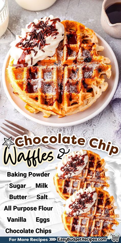 Weekend waffles made easy! These homemade chocolate chip waffles are surprisingly simple to prepare!  These sweet waffles are perfect for a quick breakfast or fun brunch!  For more easy breakfast ideas follow Easy Budget Recipes! Chocolate Chip Waffles Recipe, One Waffle Recipe, Chocolate Chip Waffle Recipe, Sweet Waffles, Waffles For Breakfast, Chocolate Chip Waffles, Easy Waffle Recipe, Brunch Dessert, Waffle Ingredients