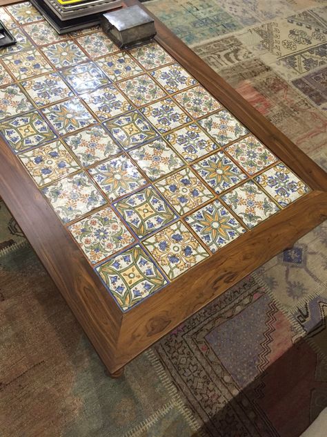 new design ..my fav moroccan tile top coffee table Spanish Tile Coffee Table, Mexican Tile Table Top Diy, Mediterranean Coffee Table, Mediterranean Dining Table, Mexican Tile Table, Chennai House, Tile Top Coffee Table, Table Tiles, Moroccan Coffee Table