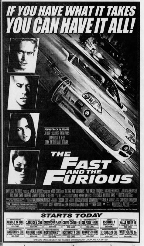 The Fast & The Furious Opens in STL, 6/22/2001 Fast And Furious 5 Poster, Vintage Fast And Furious Poster, Fast And Furious Car Posters, Fast Furious Poster, Fast And Furious Poster Art, Fast Ans Furious Cars, Fast And Furious Graphic Design, Fast And Furious Aesthetic Poster, Fast And Furious Design